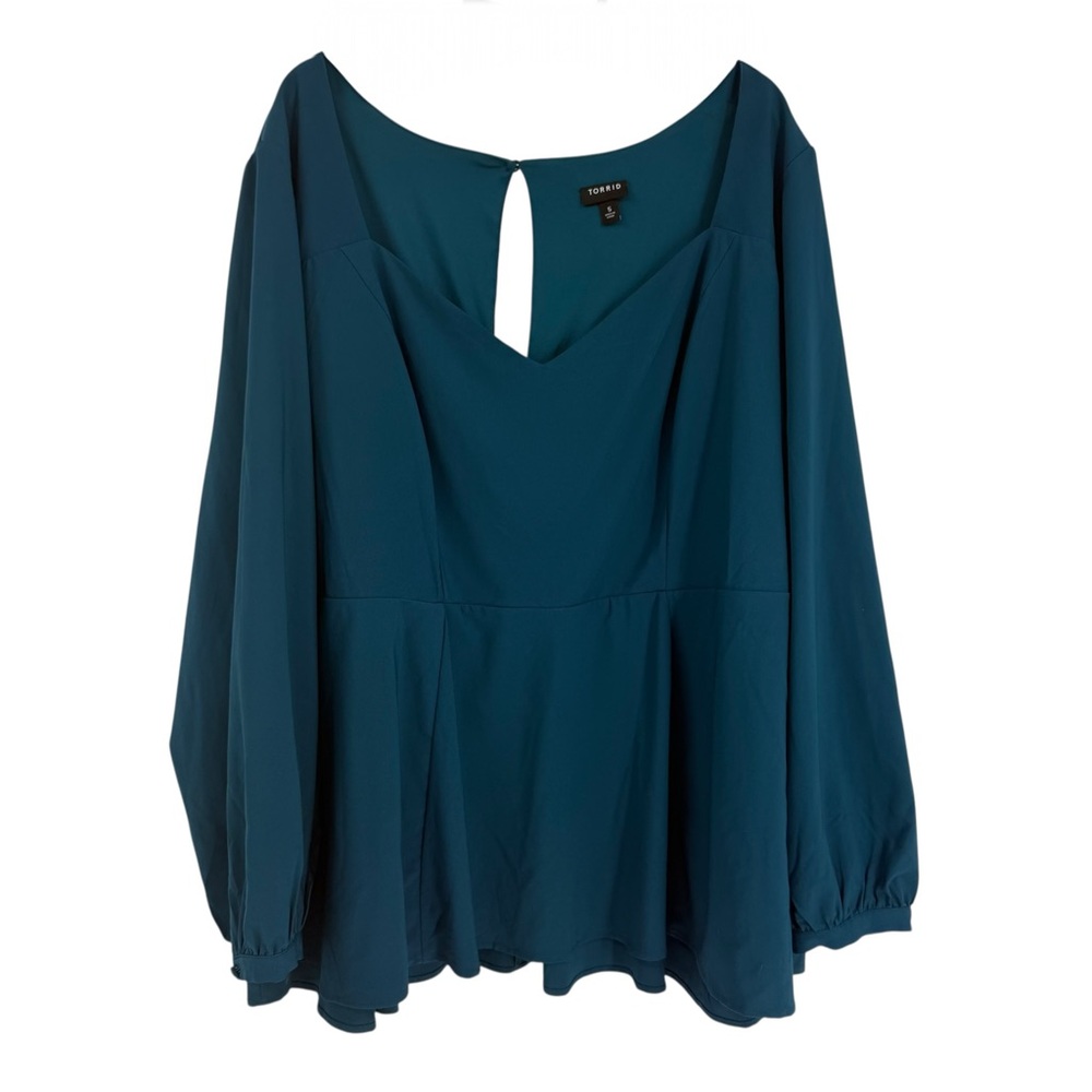 Torrid Teal Crepe Sweetheart Long Sleeve Peplum Blouse Top Size 5X Blue- Green